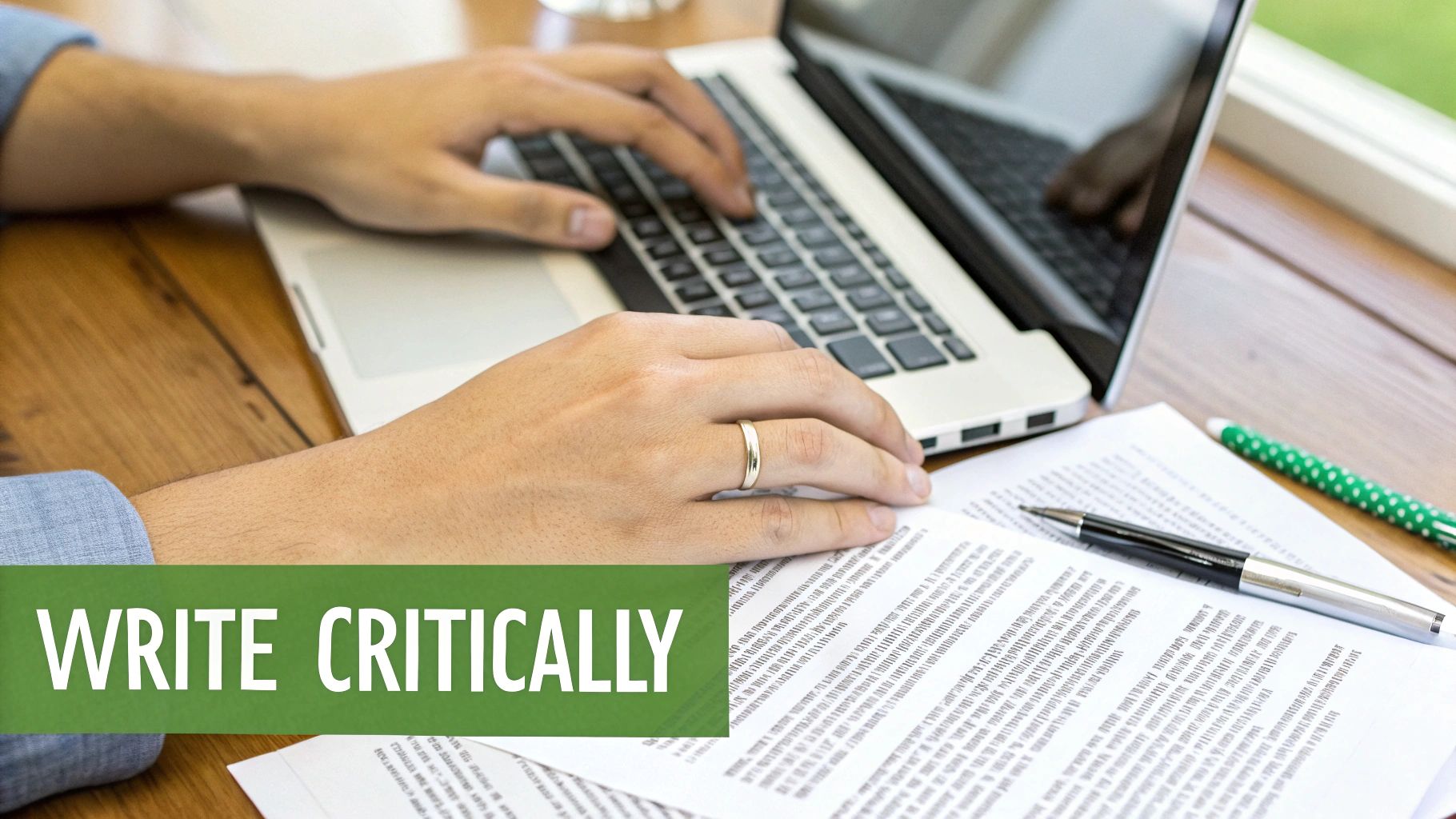 Hands typing on a laptop, with a document and pens on a wooden desk. Text overlay: WRITE CRITICALLY.