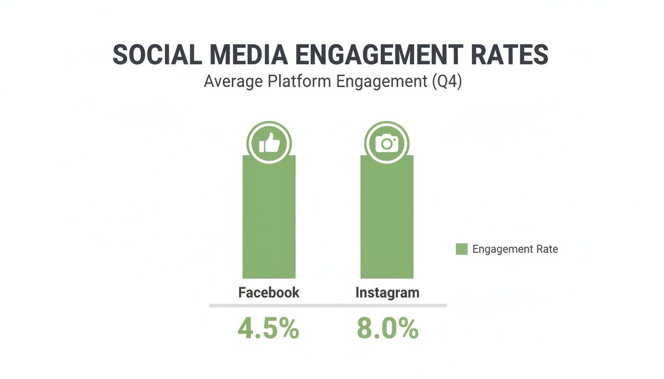 Bar chart showing social media engagement rates: Facebook at 4.5% and Instagram at 8.0% for Q4.