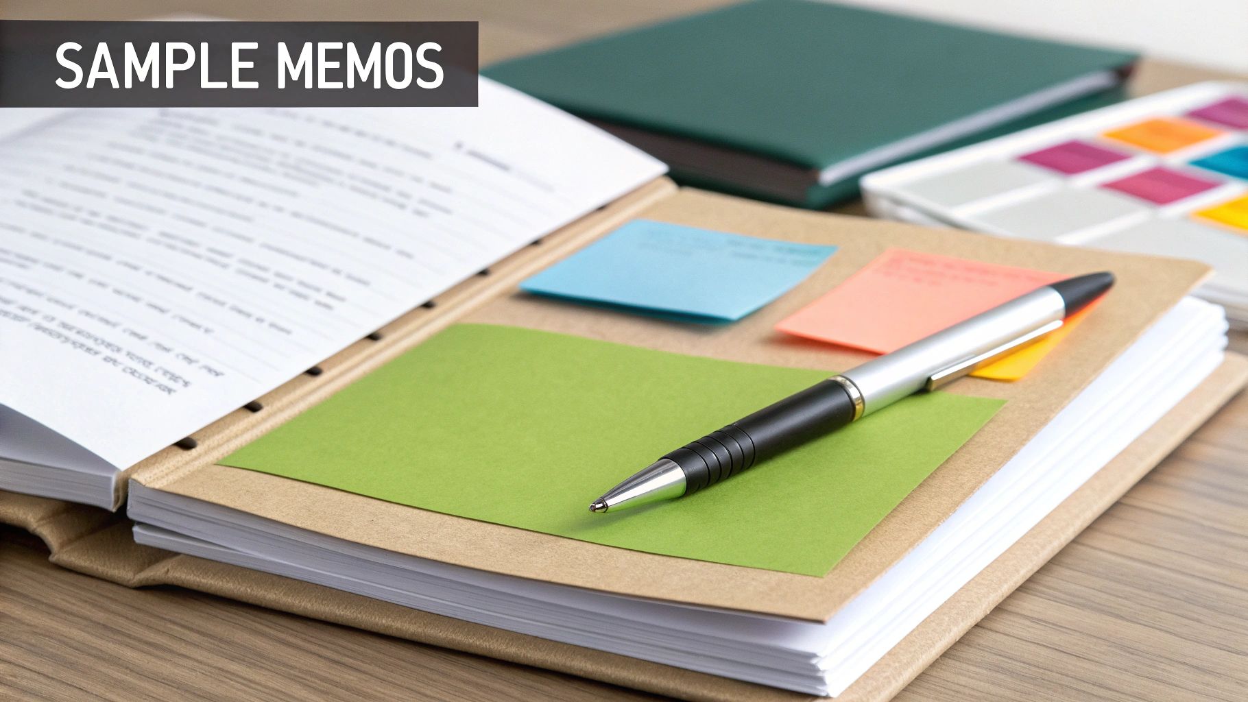 An open binder labeled "SAMPLE MEMOS" containing papers, colorful sticky notes, and a pen.