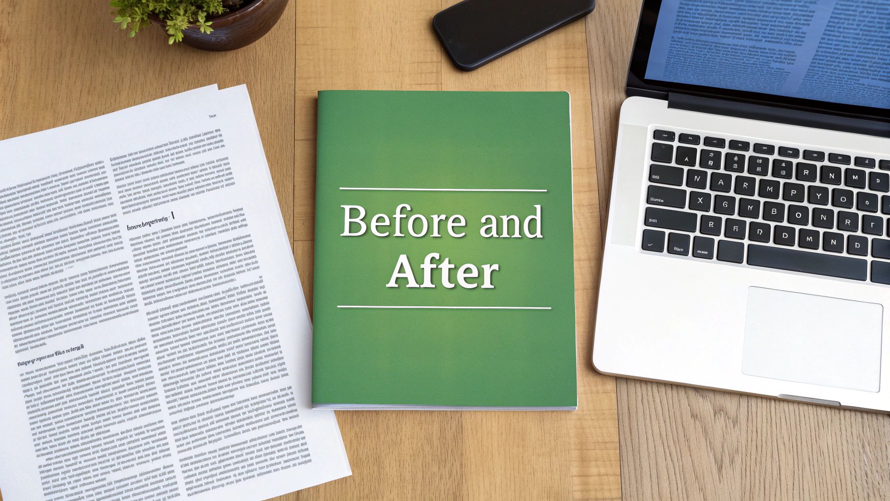 A flat lay showing a green book titled "Before and After" next to papers and a laptop on a wooden desk.