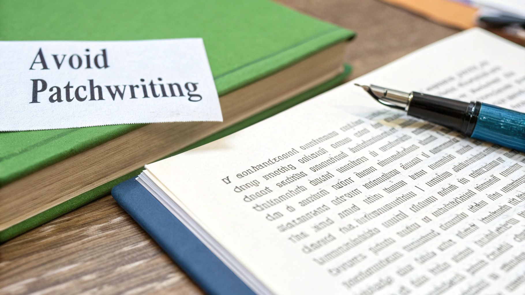 Illustration of a hand holding a magnifying glass over text, representing plagiarism detection.