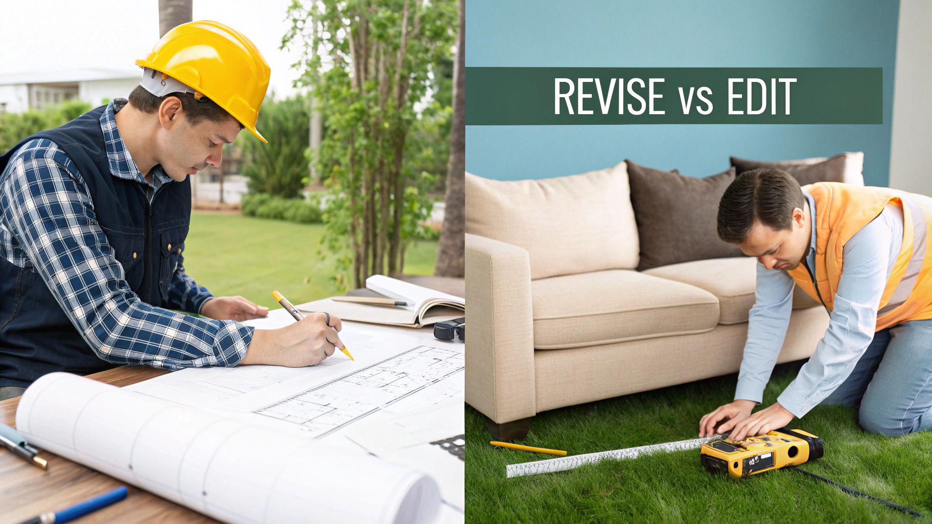 Two men working, one drawing blueprints, the other measuring indoors, illustrating revise versus edit.