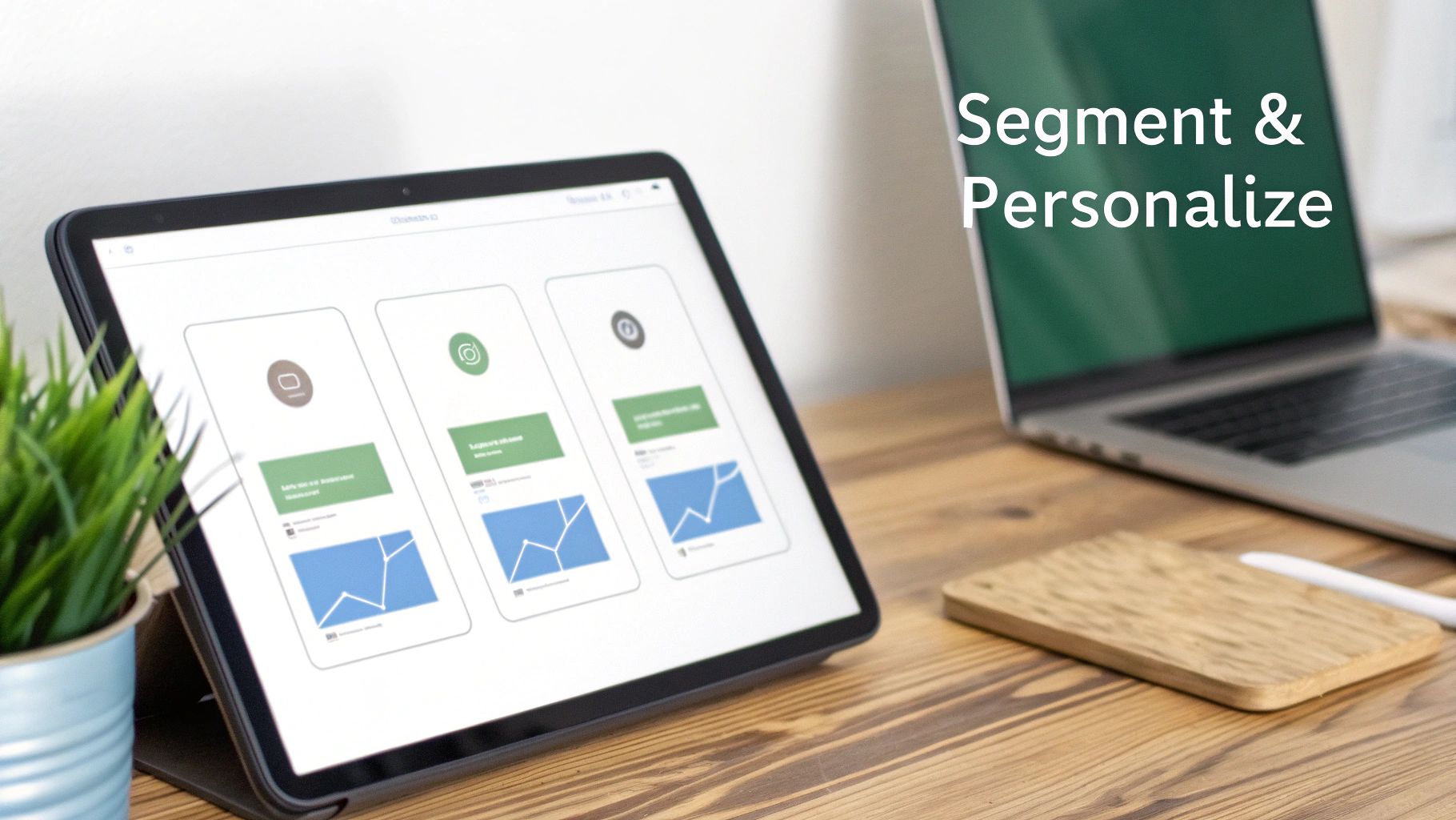 A tablet displaying a marketing dashboard next to a laptop with 'Segment & Personalize' text, on a wooden desk.