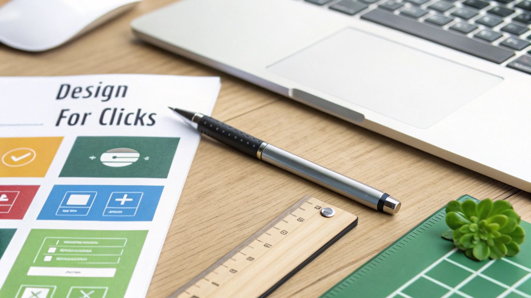 Web design mockup with laptop, pen, ruler and document titled Design For Clicks on wooden desk