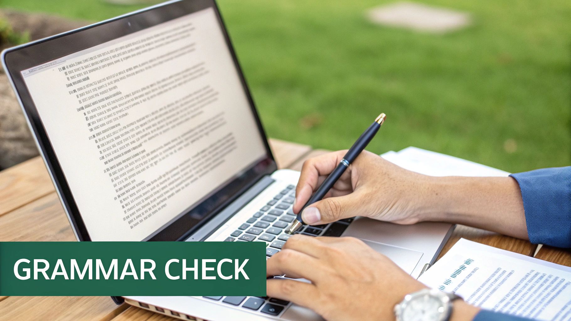 Researcher carefully proofreading a printed research paper with a red pen.