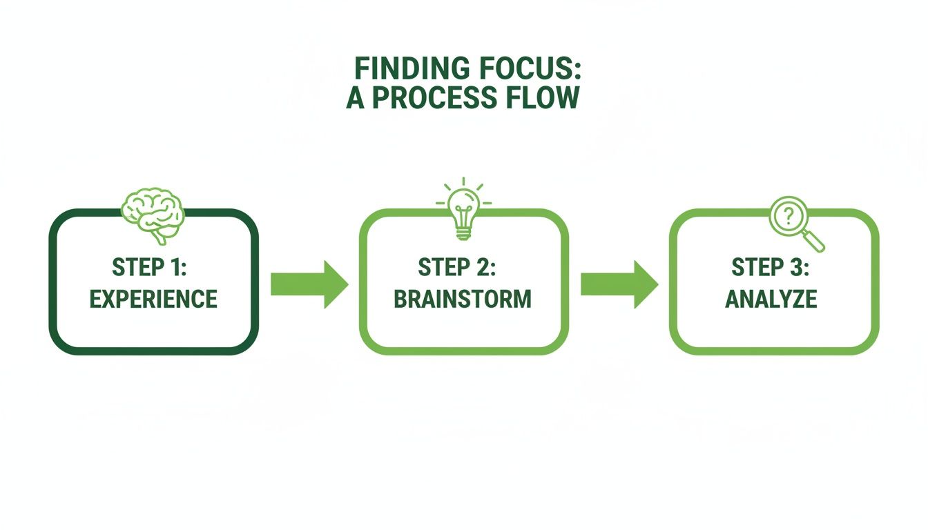 A process flow diagram titled 'Finding Focus' showing three steps: Experience, Brainstorm, and Analyze.