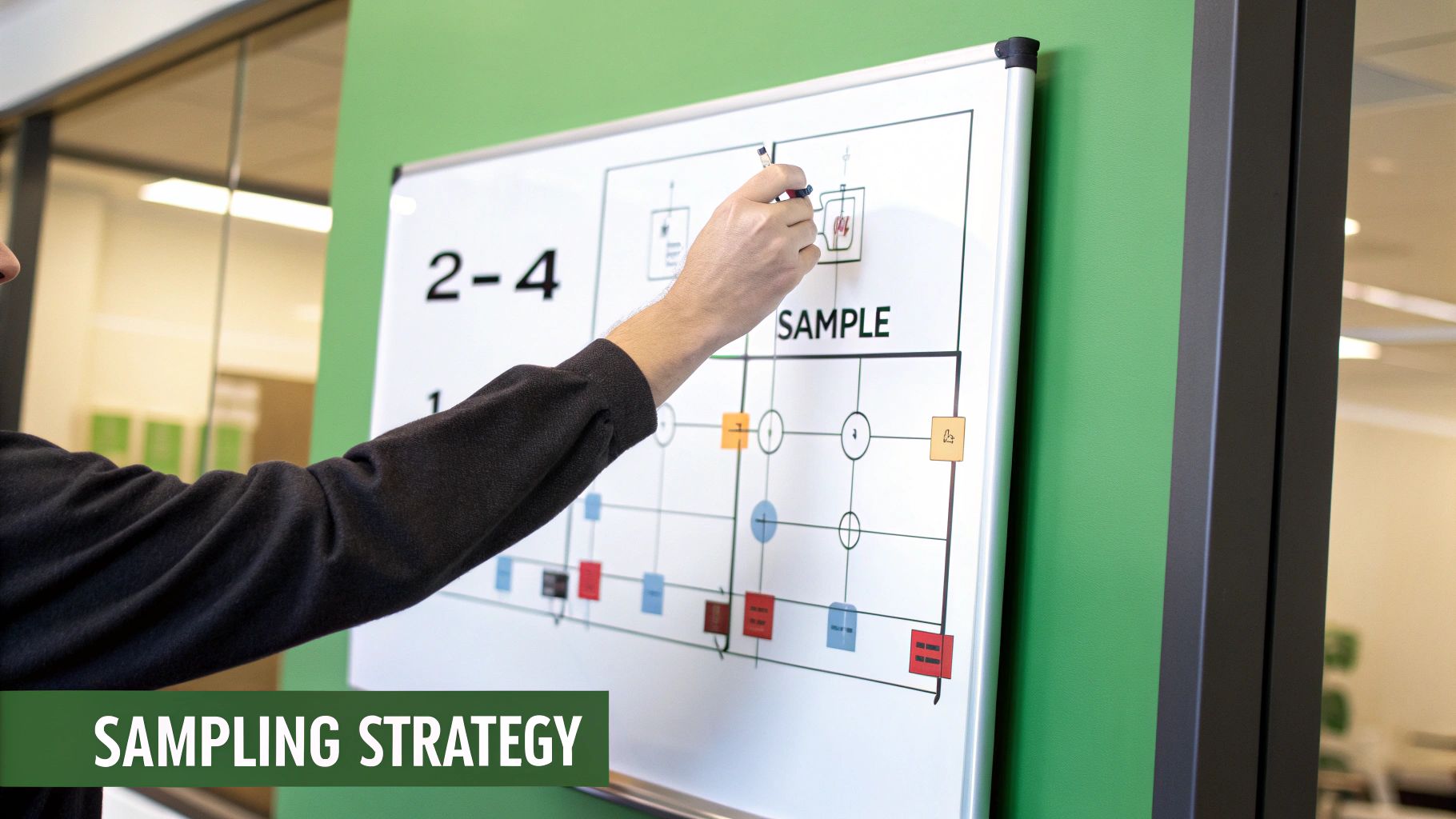A person's hand points to a 'Sampling Strategy' diagram on a whiteboard in an office.