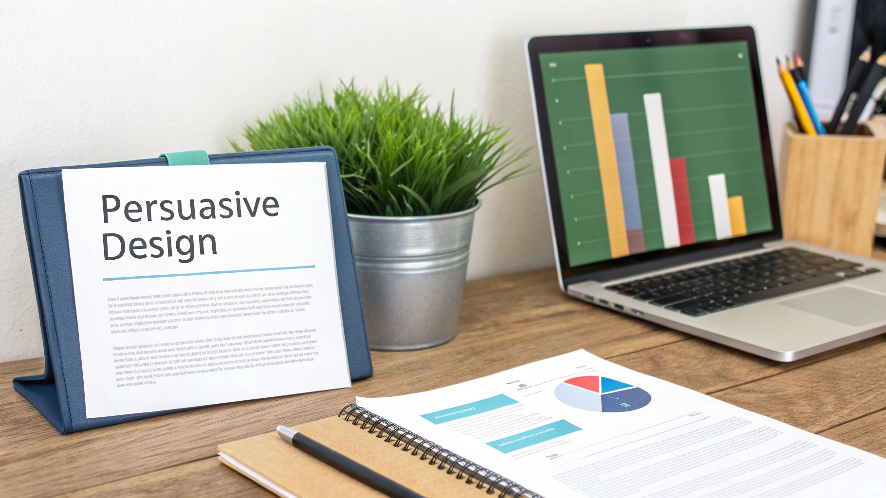 A work desk with a 'Persuasive Design' document, a laptop displaying a bar chart, and reports.