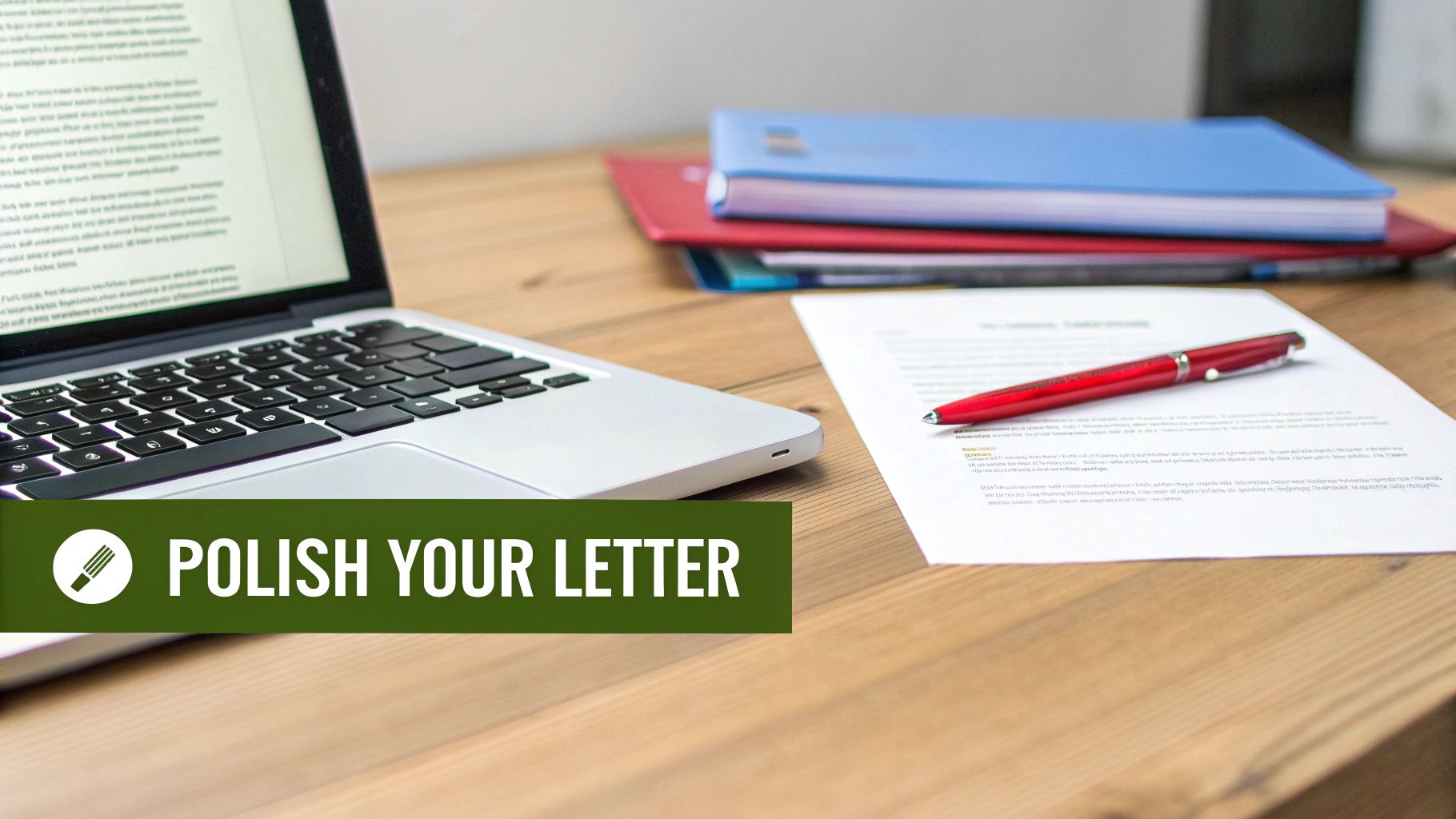 A modern workspace with a laptop, document, and red pen, emphasizing the importance of polishing letters.