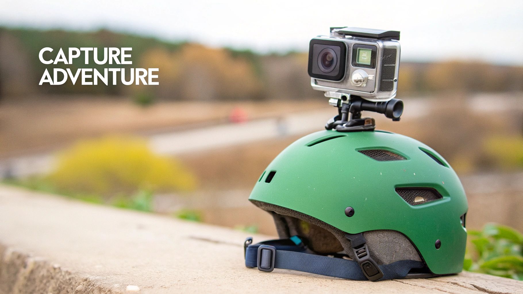 A green helmet with a GoPro camera mounted on top sits on a concrete ledge, with blurred nature in the background.