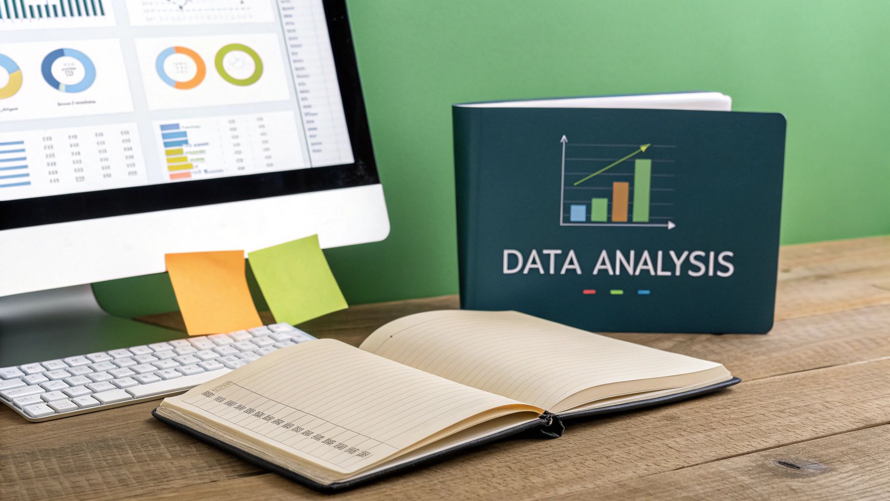 A vibrant desk setup featuring a monitor with data analysis charts, a folder, and an open notebook.