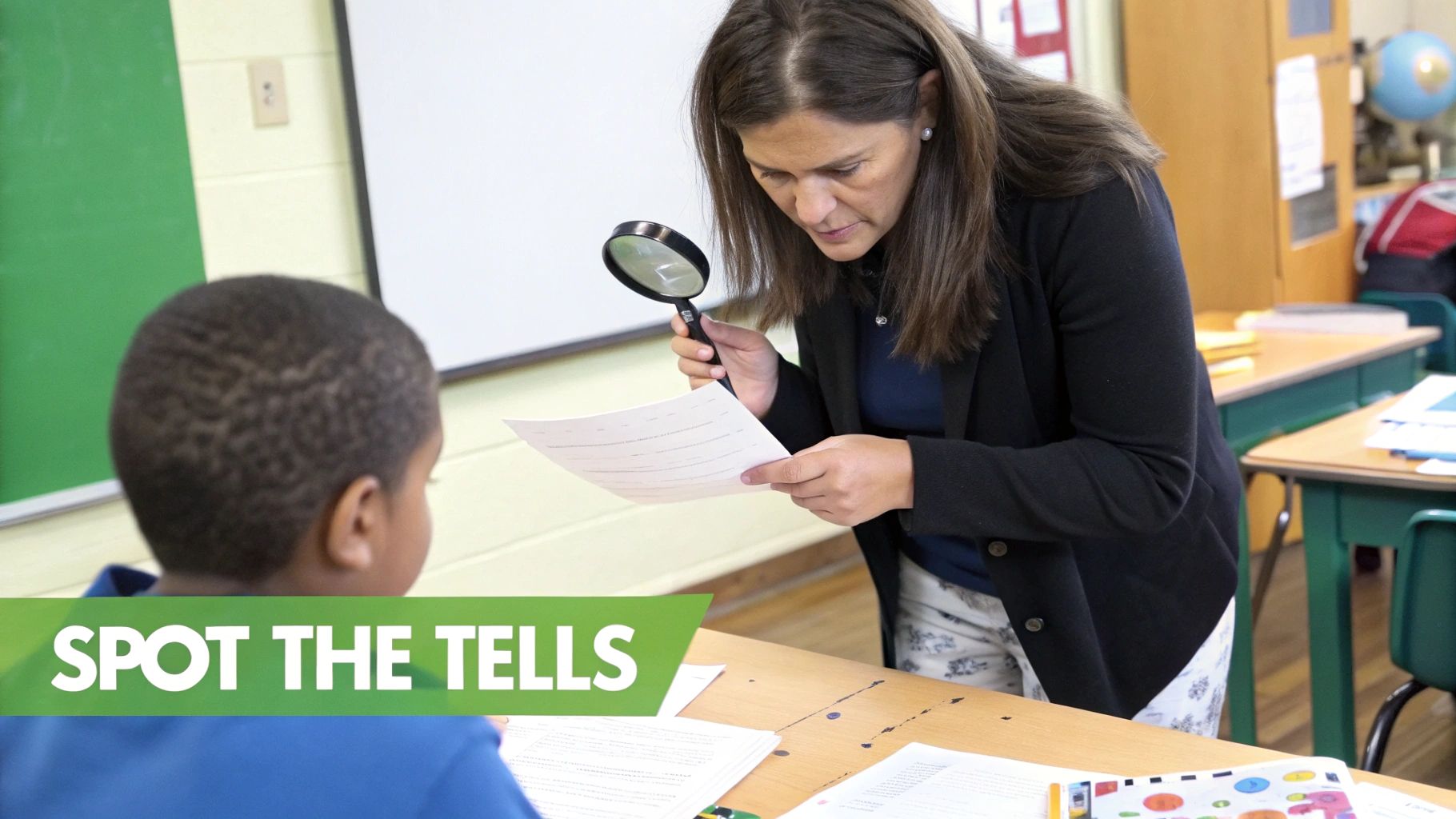 A teacher meticulously examines a student's work with a magnifying glass in a classroom setting.