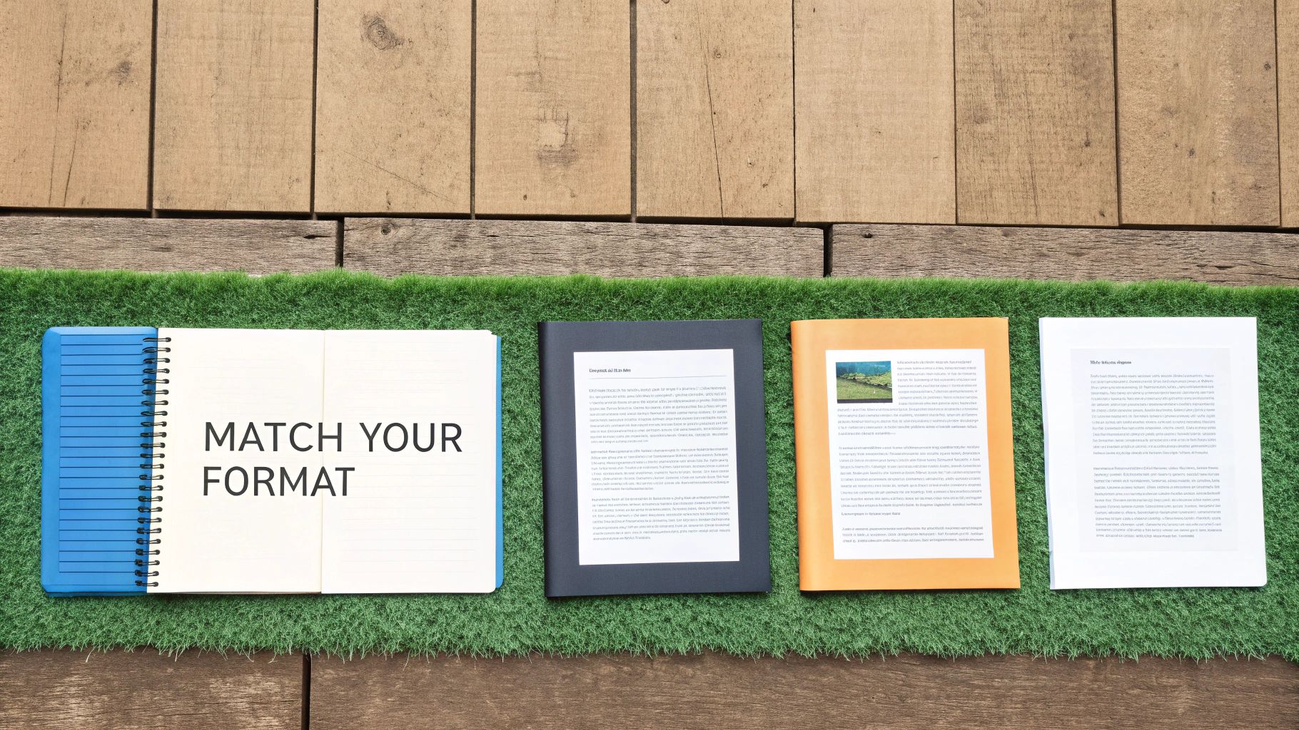Various document formats, including a notebook, black book, orange book, and loose paper, on grass and wood.