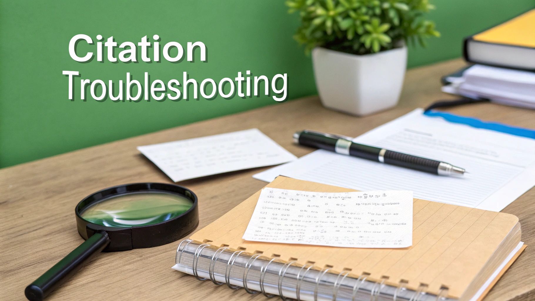 A desk with a magnifying glass, notebook, pen, and papers, with 'Citation Troubleshooting' text.