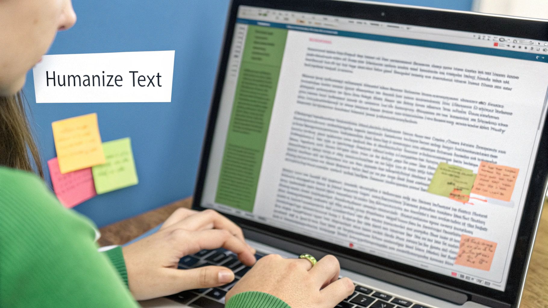 A person editing text on a computer screen, with highlighted words and phrases, illustrating the humanization process.