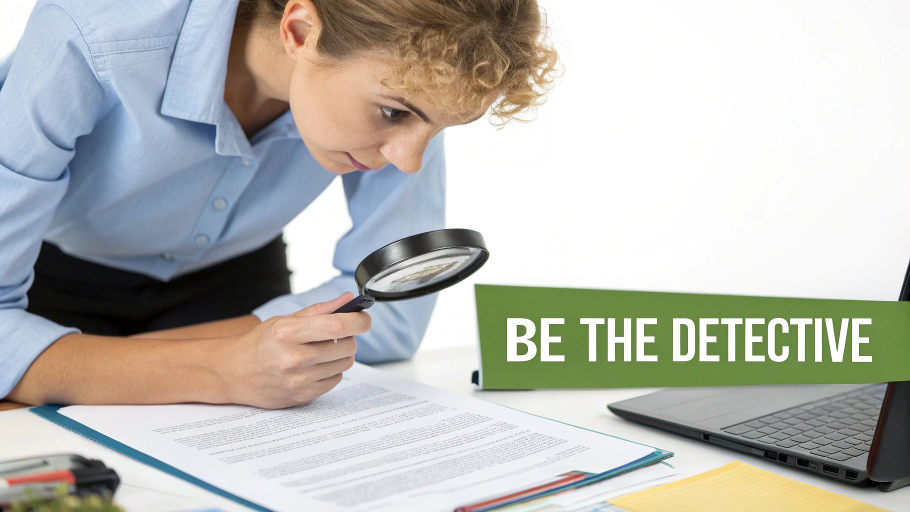 Woman in a blue shirt uses a magnifying glass to analyze a document, with a 'BE THE DETECTIVE' banner.