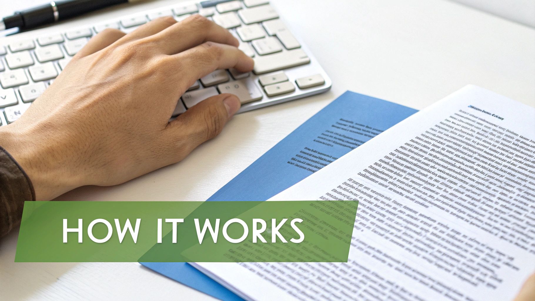 Person typing on a keyboard, with documents and 'HOW IT WORKS' text overlay on a desk.