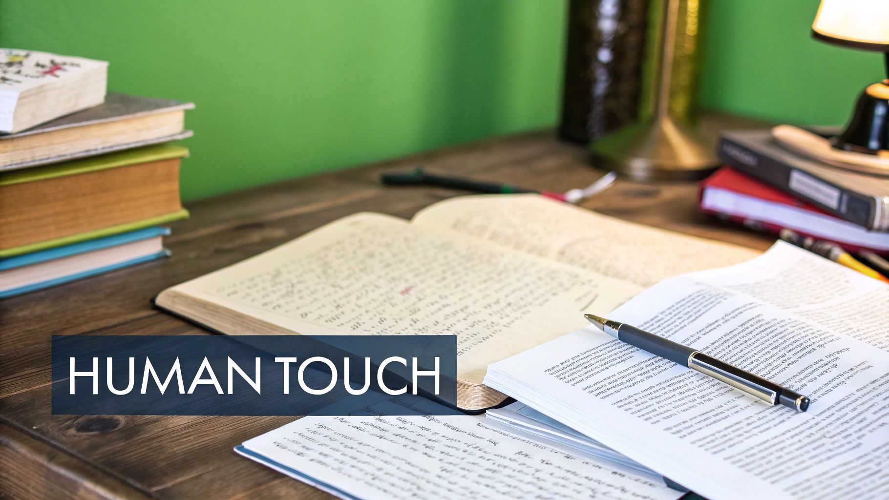 A person's hands are shown editing text on a laptop, with highlighted words and phrases, illustrating the manual process of adding a human touch to content.