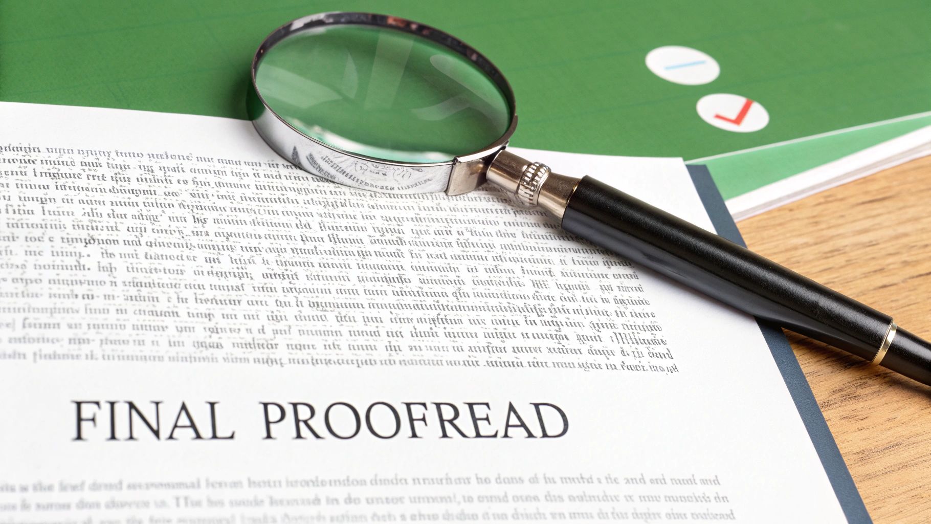 A person using a magnifying glass to inspect text on a document, symbolizing the detailed nature of proofreading.