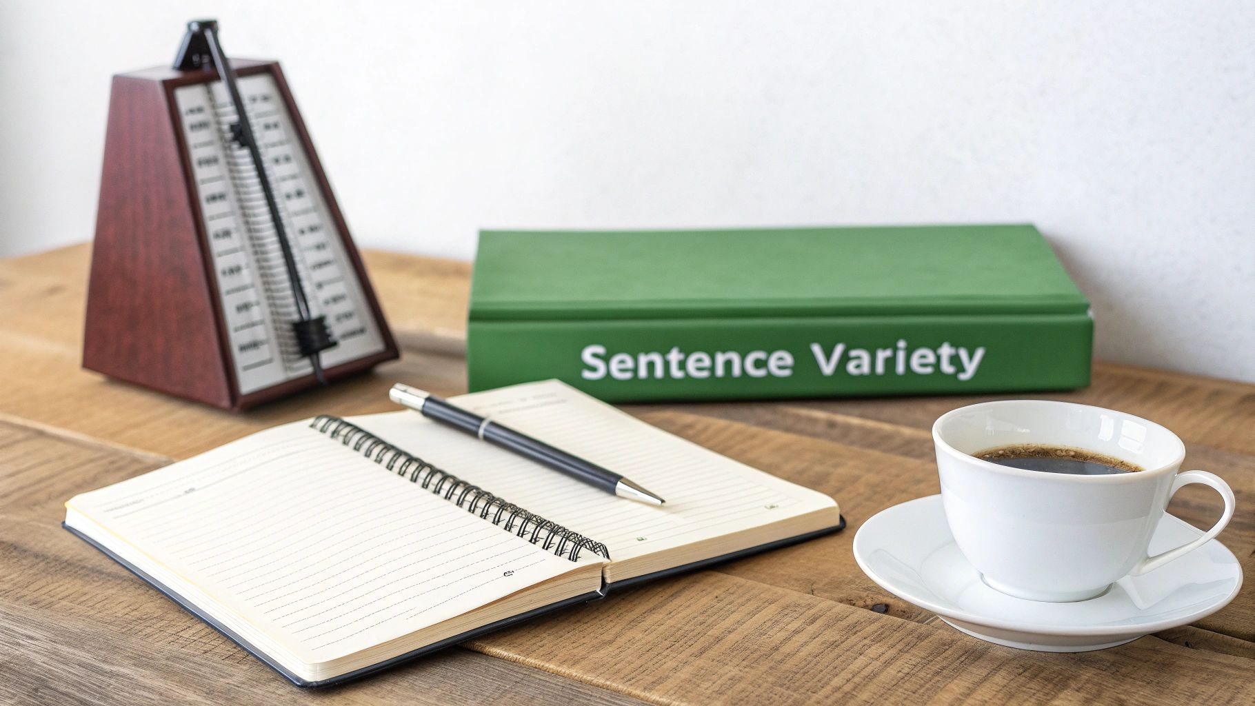 A writing desk with a metronome, an open notebook, a pen, a coffee cup, and a green book titled "Sentence Variety."