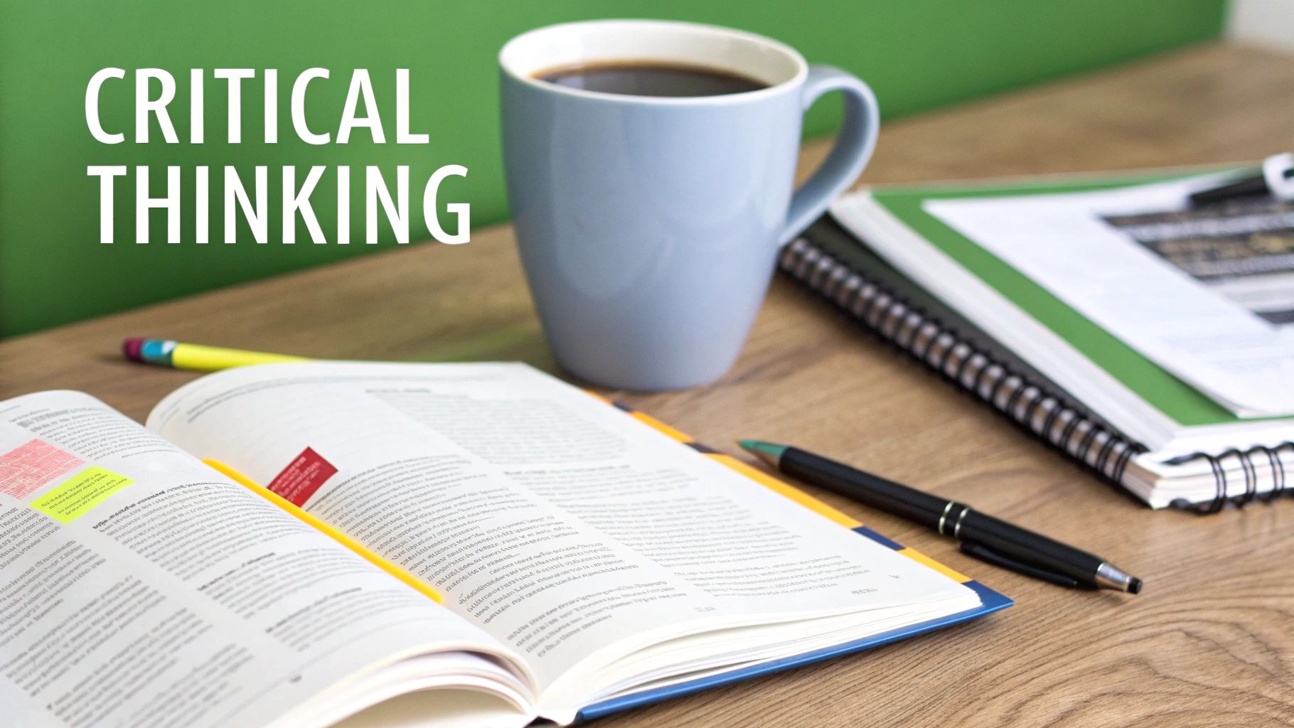 A desk with an open book, coffee mug, and notebooks, featuring 'CRITICAL THINKING' text on a green background.