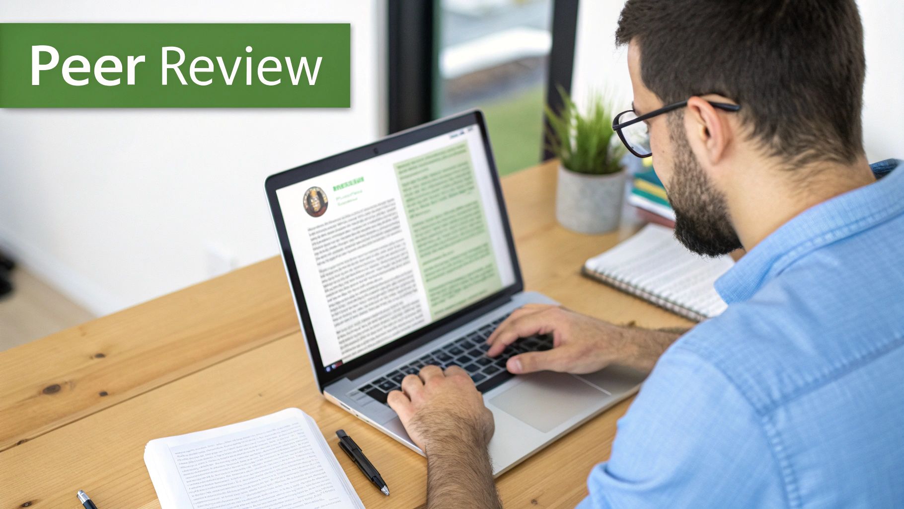 A man with glasses and a beard works on a laptop displaying a 'Peer Review' document.