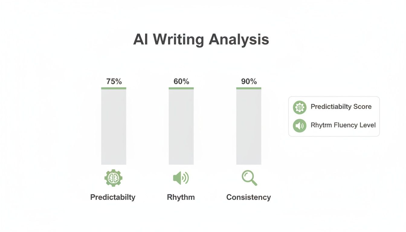 AI writing analysis dashboard with bar charts showing predictability, rhythm, and consistency scores.