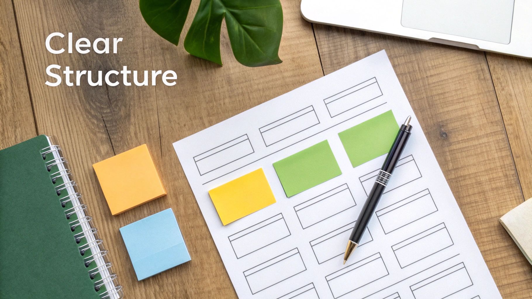 Overhead view of a structured workspace with a notebook, pen, sticky notes, and a document showing 'Clear Structure'.