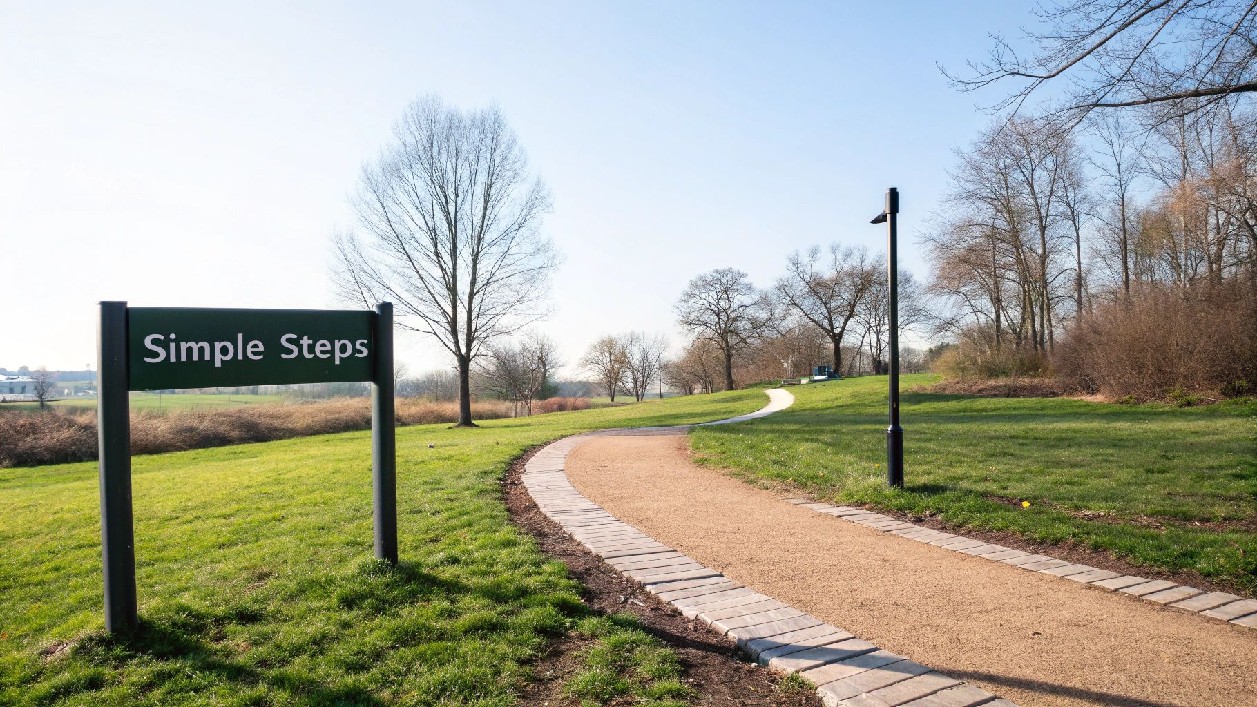 A park sign reads "Simple Steps" next to a winding gravel path, surrounded by green grass and trees.