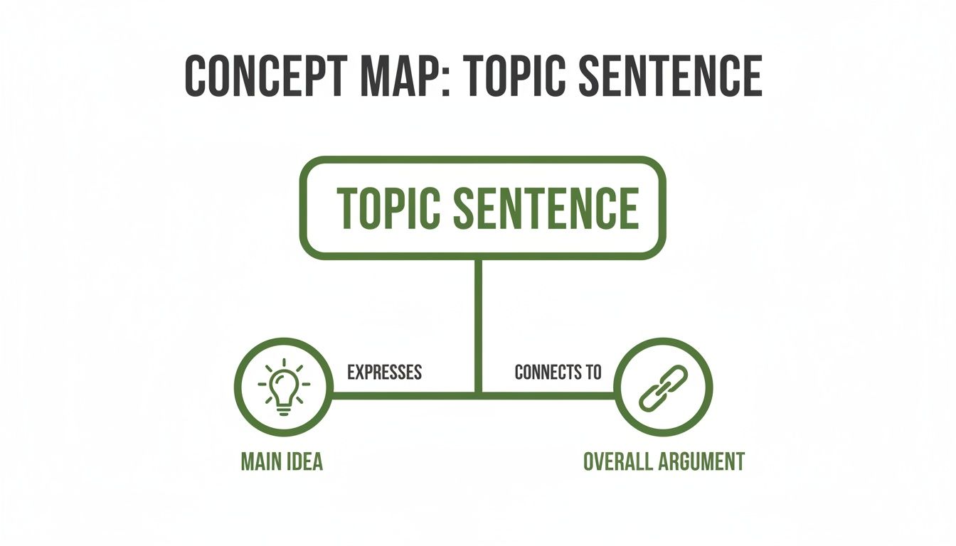 A concept map showing that a topic sentence expresses the main idea and connects to the overall argument.