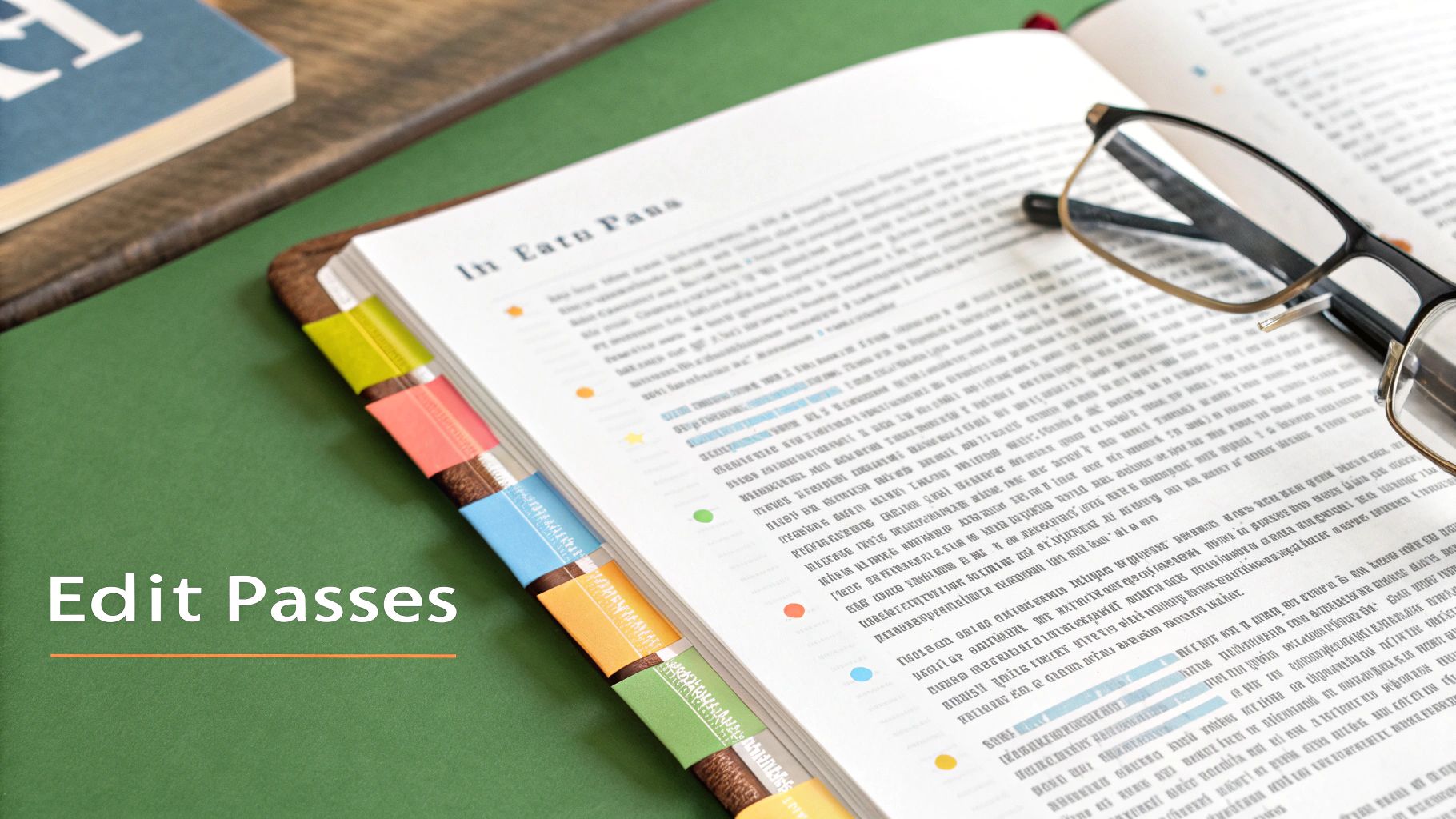 An open journal with colorful page markers and reading glasses rests on a green desk, suggesting study or editing.