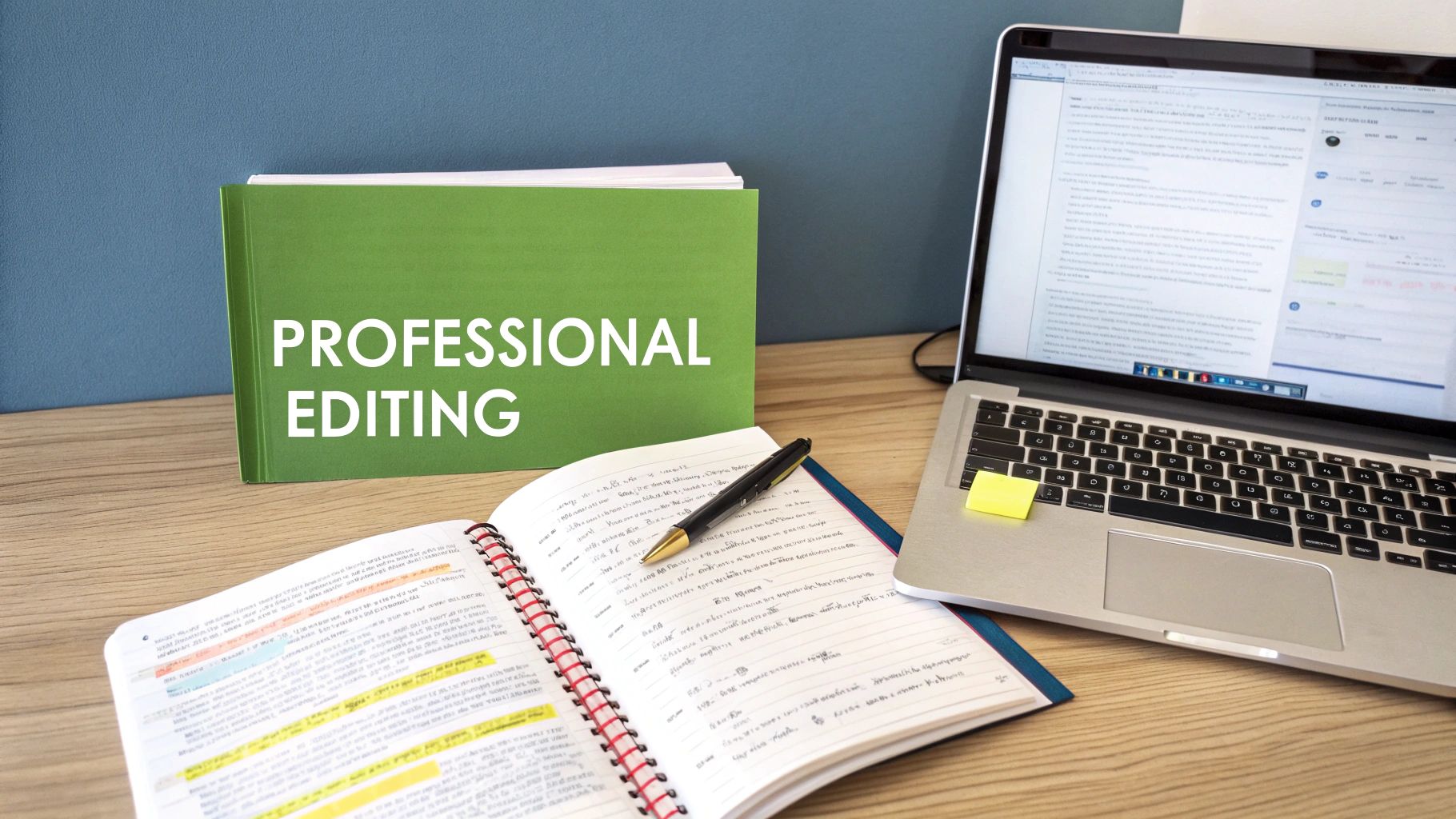 A person editing a document on a computer with a red pen graphic overlay