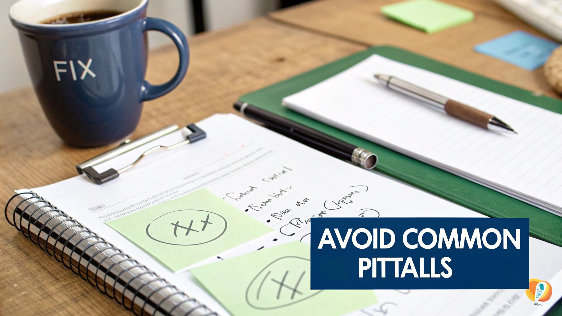 A desk with a 'FIX' coffee mug, notebooks, pens, and sticky notes, with text 'AVOID COMMON PITFALLS'.