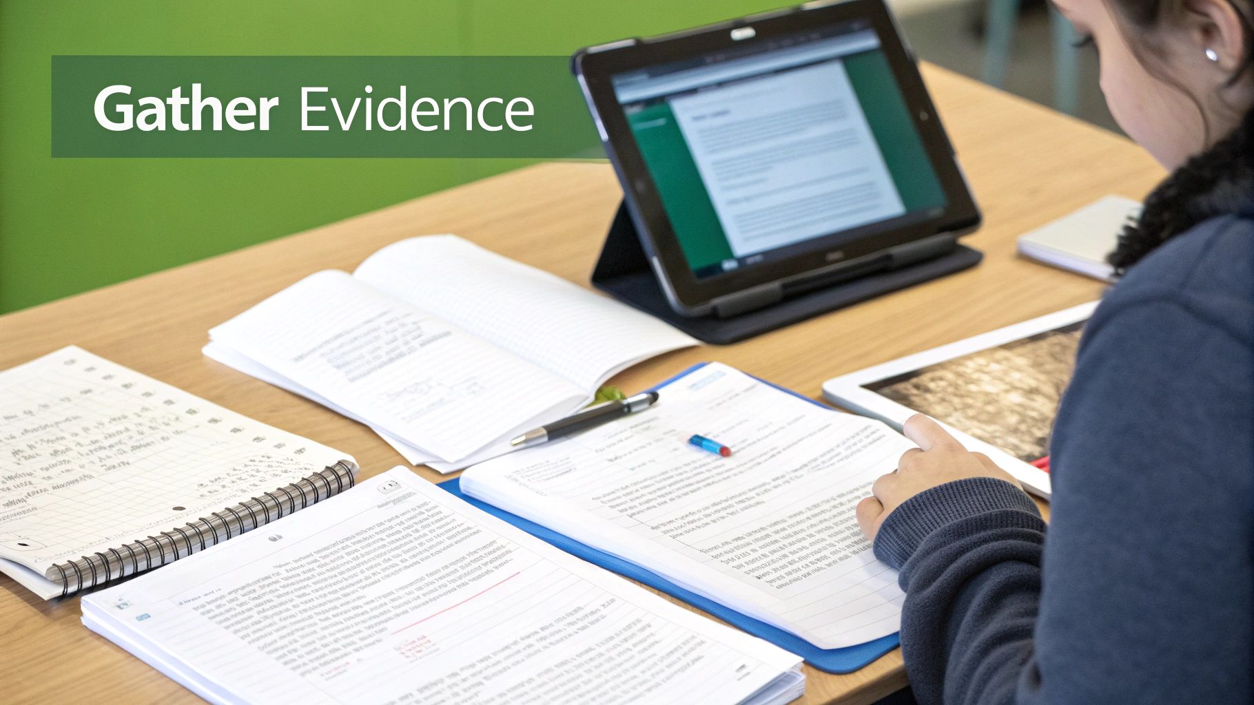 Student gathering evidence with tablets, notebooks, and papers on a wooden desk.