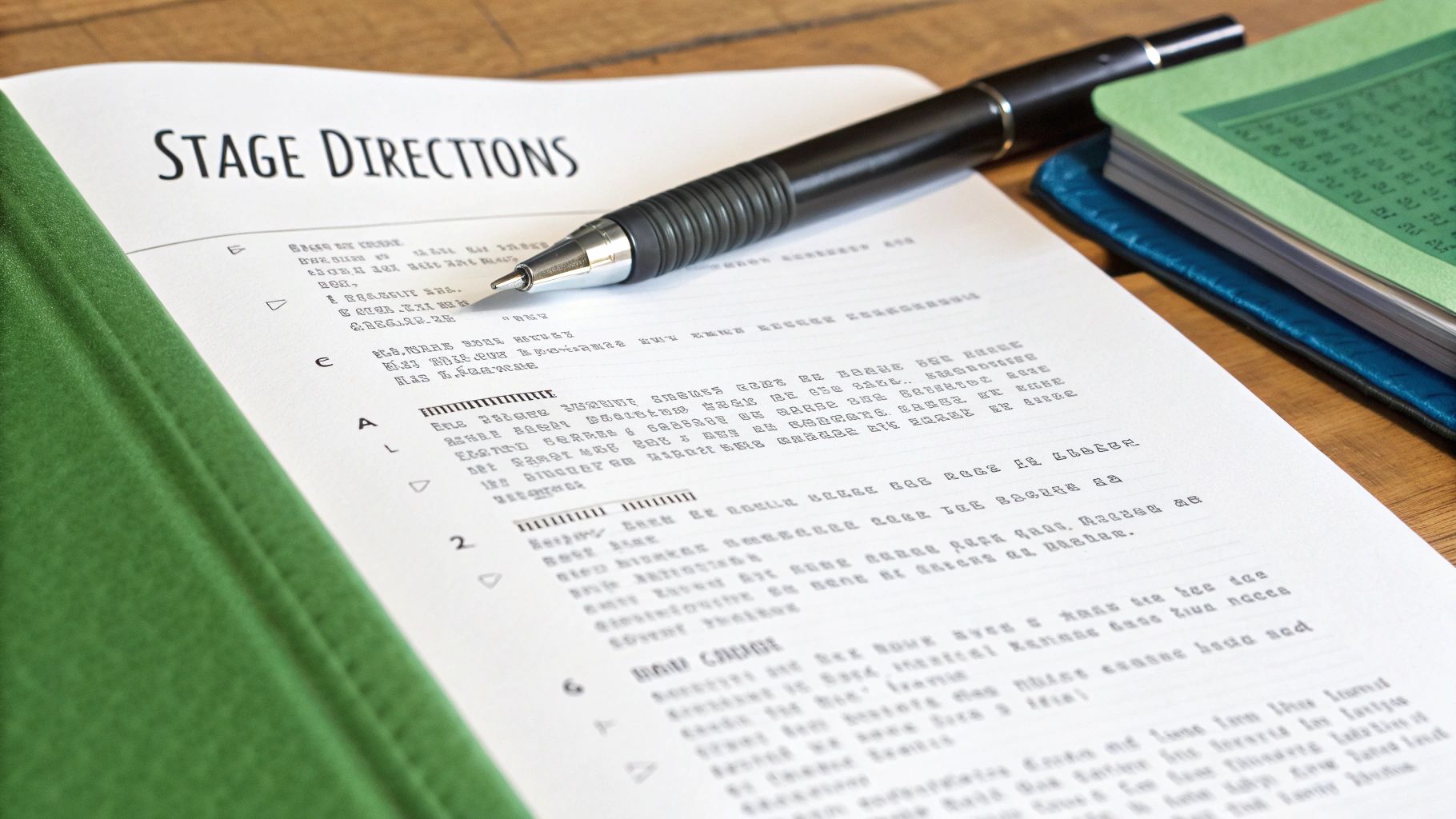 A document titled 'STAGE DIRECTIONS' with a pen resting on top, alongside notebooks on a wooden table.