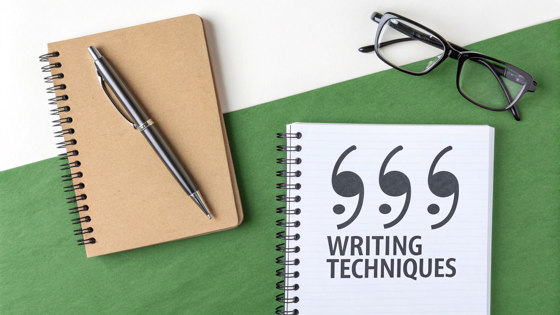 Flat lay of two notebooks, a pen, and glasses on a white and green desk. One notebook says '6.6.6 Writing Techniques'.