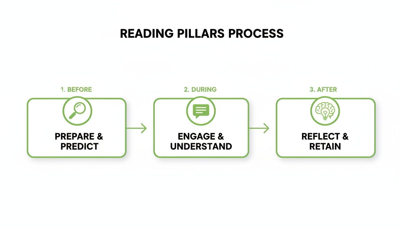 Flowchart illustrating the 'Reading Pillars Process' with three stages: Before, During, and After for better reading.
