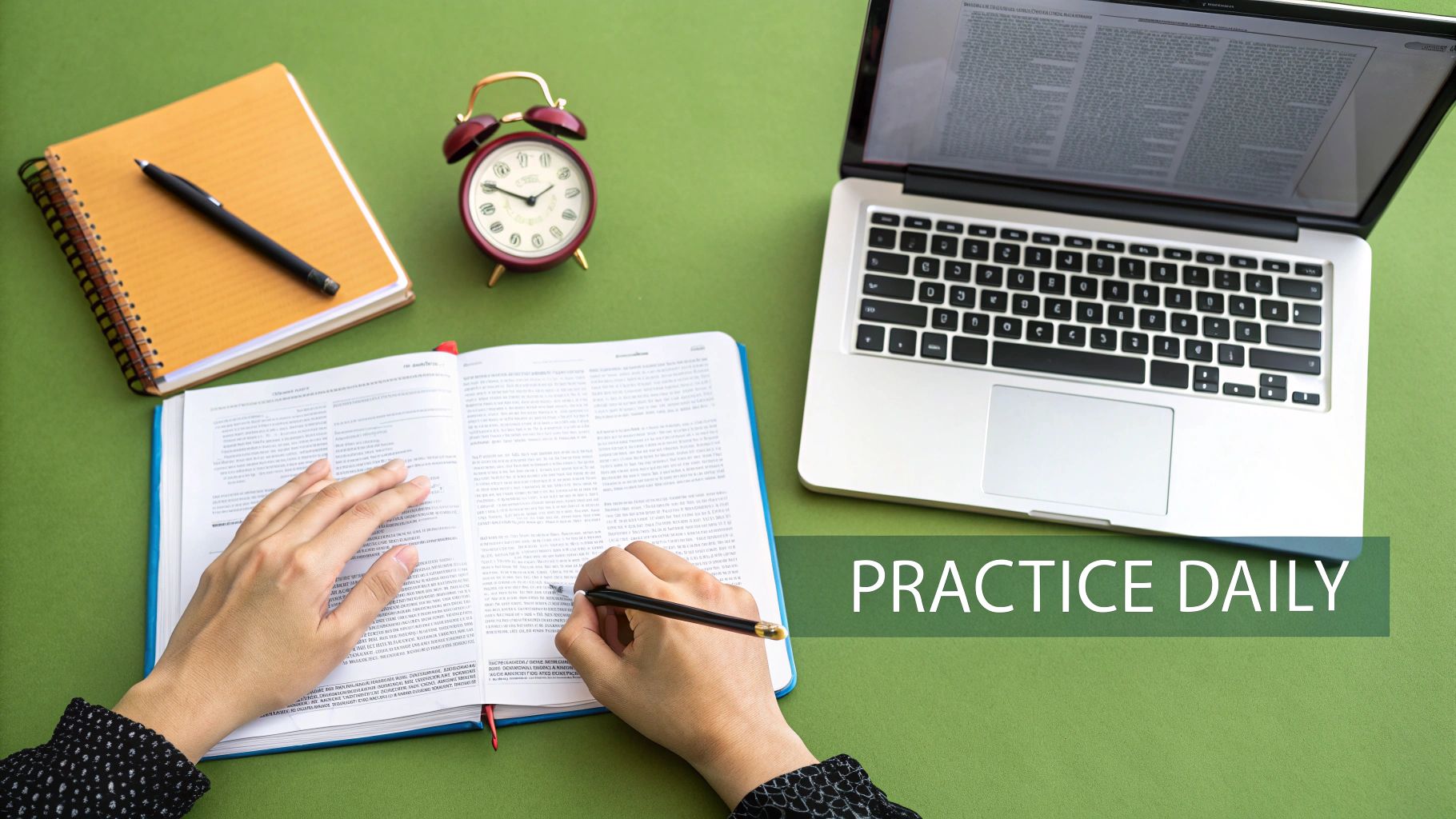 Person studying with a pen in an open book, surrounded by a laptop, notebook, and alarm clock on a green surface.
