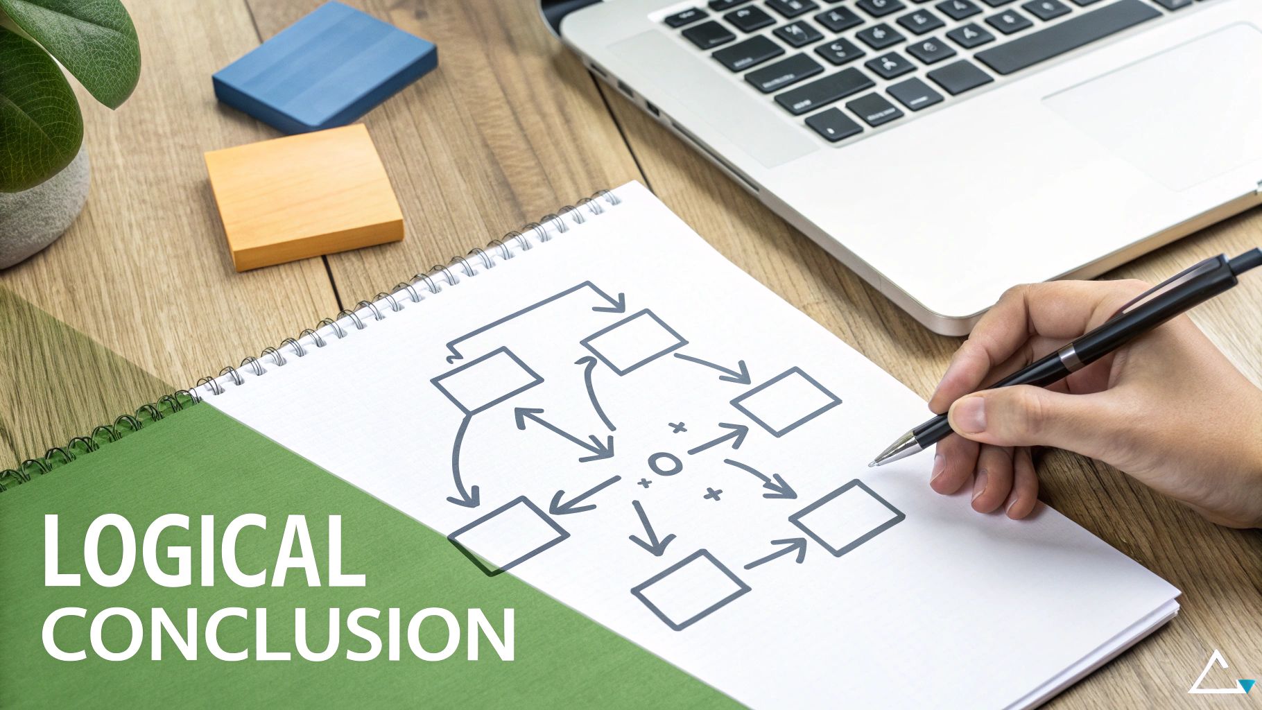 A hand drawing a complex flowchart on a spiral notebook with a pen on a wooden desk.