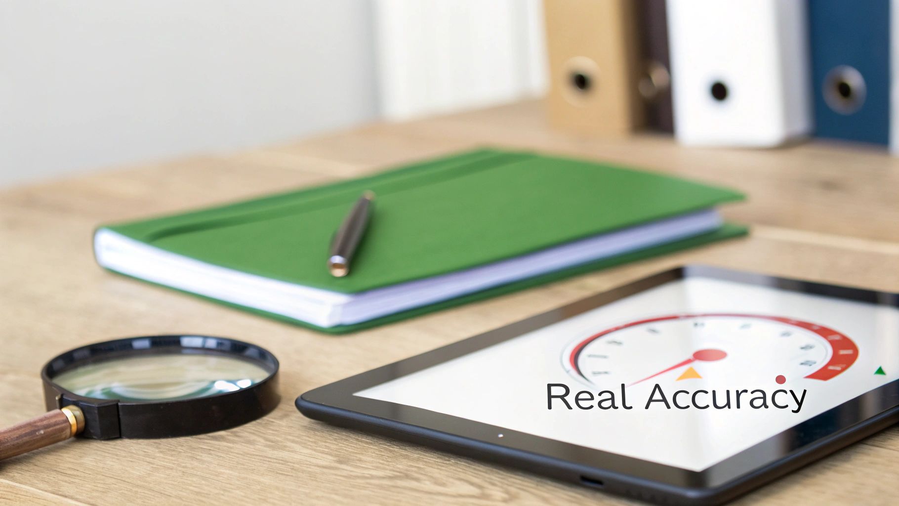 Desk scene with a tablet displaying 'Real Accuracy' and a gauge, a magnifying glass, and a green notebook.