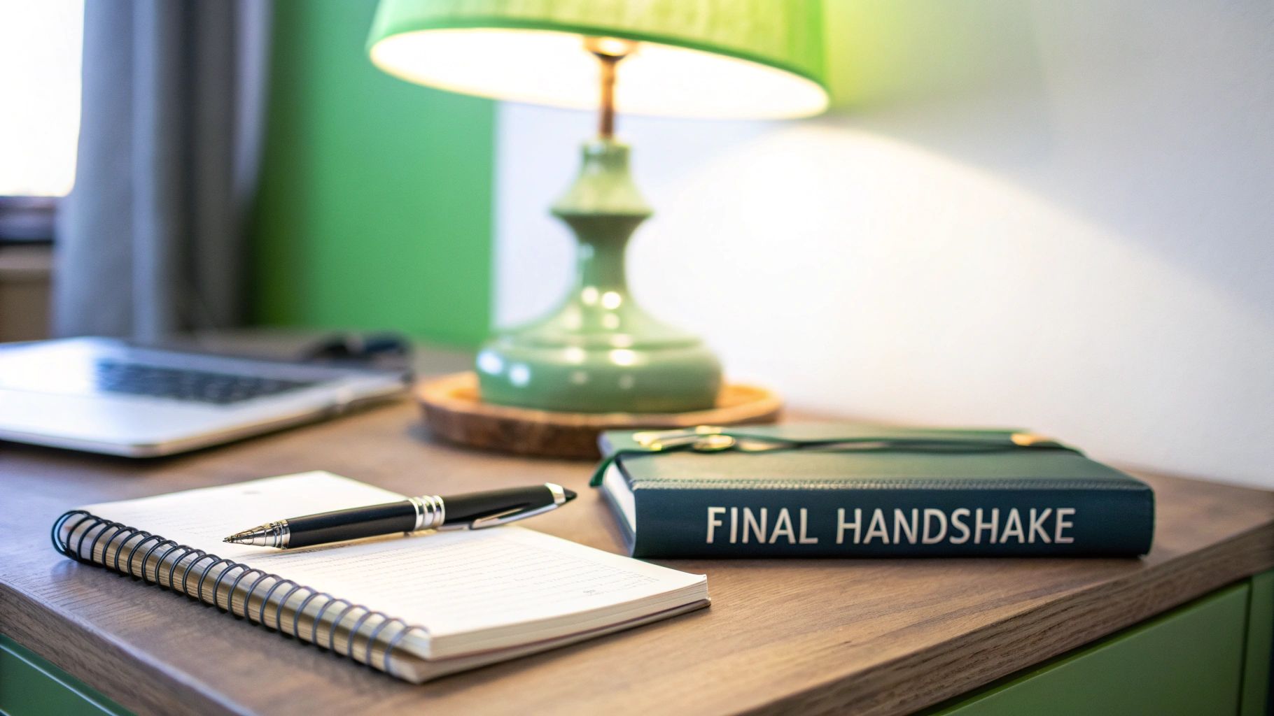 A professional desk setup with a laptop, notebook, pen, and a book titled 'FINAL HANDSHAKE' under a green lamp.