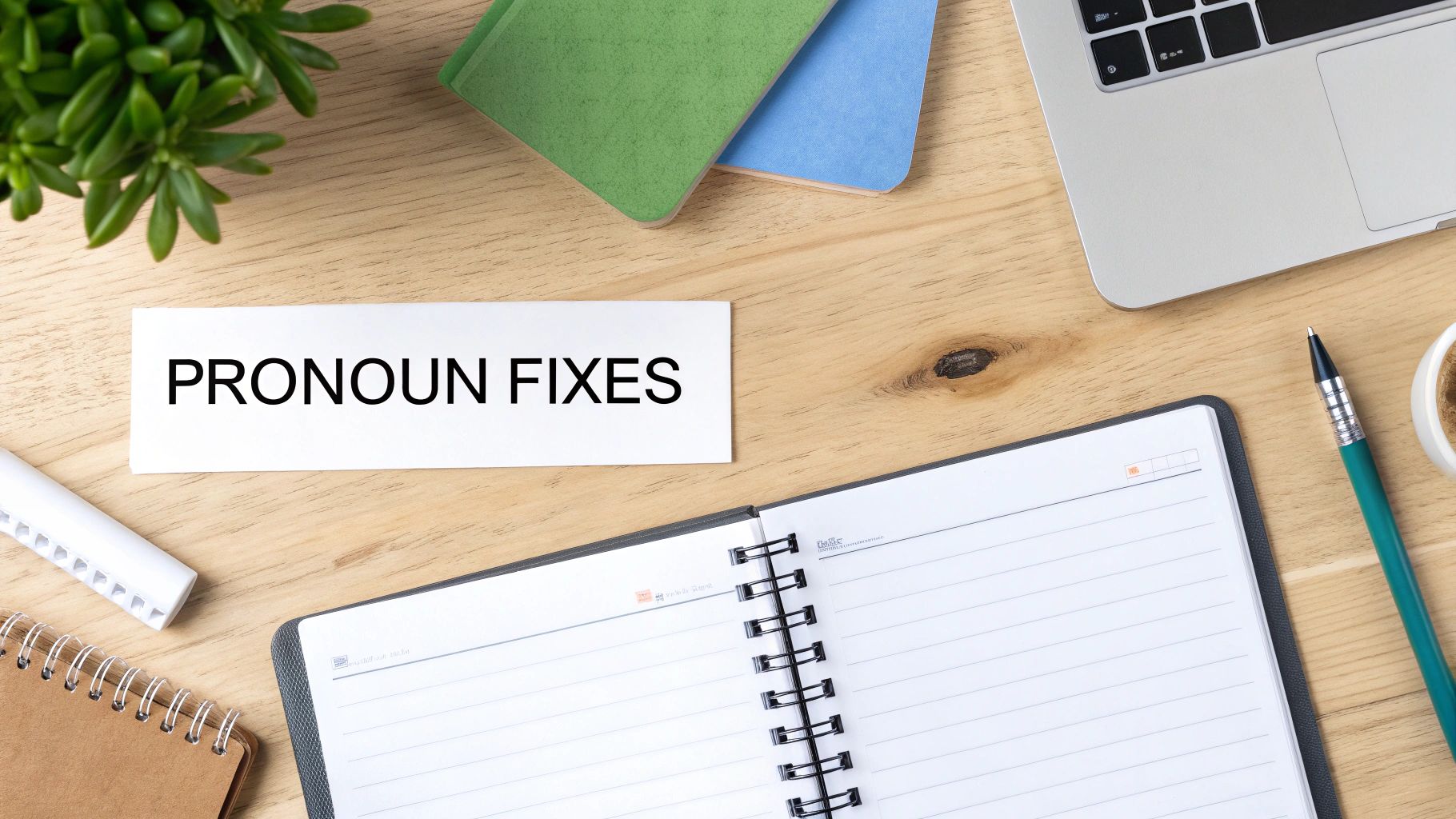 A wooden desk flat lay featuring a card with 'PRONOUN FIXES', laptop, open notebook, and plant.