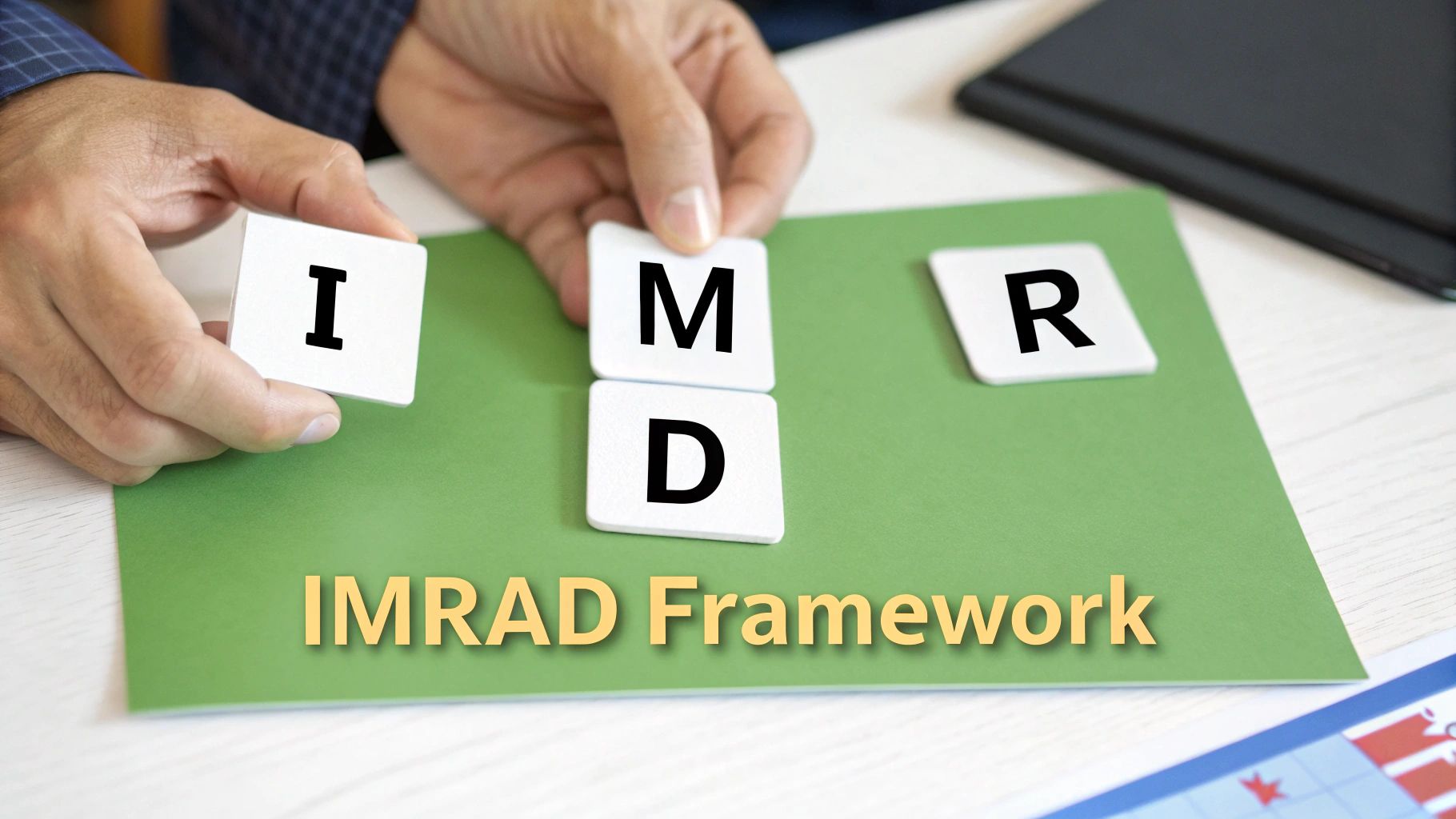 Hands arranging letter tiles to spell IMRAD Framework on a green surface.