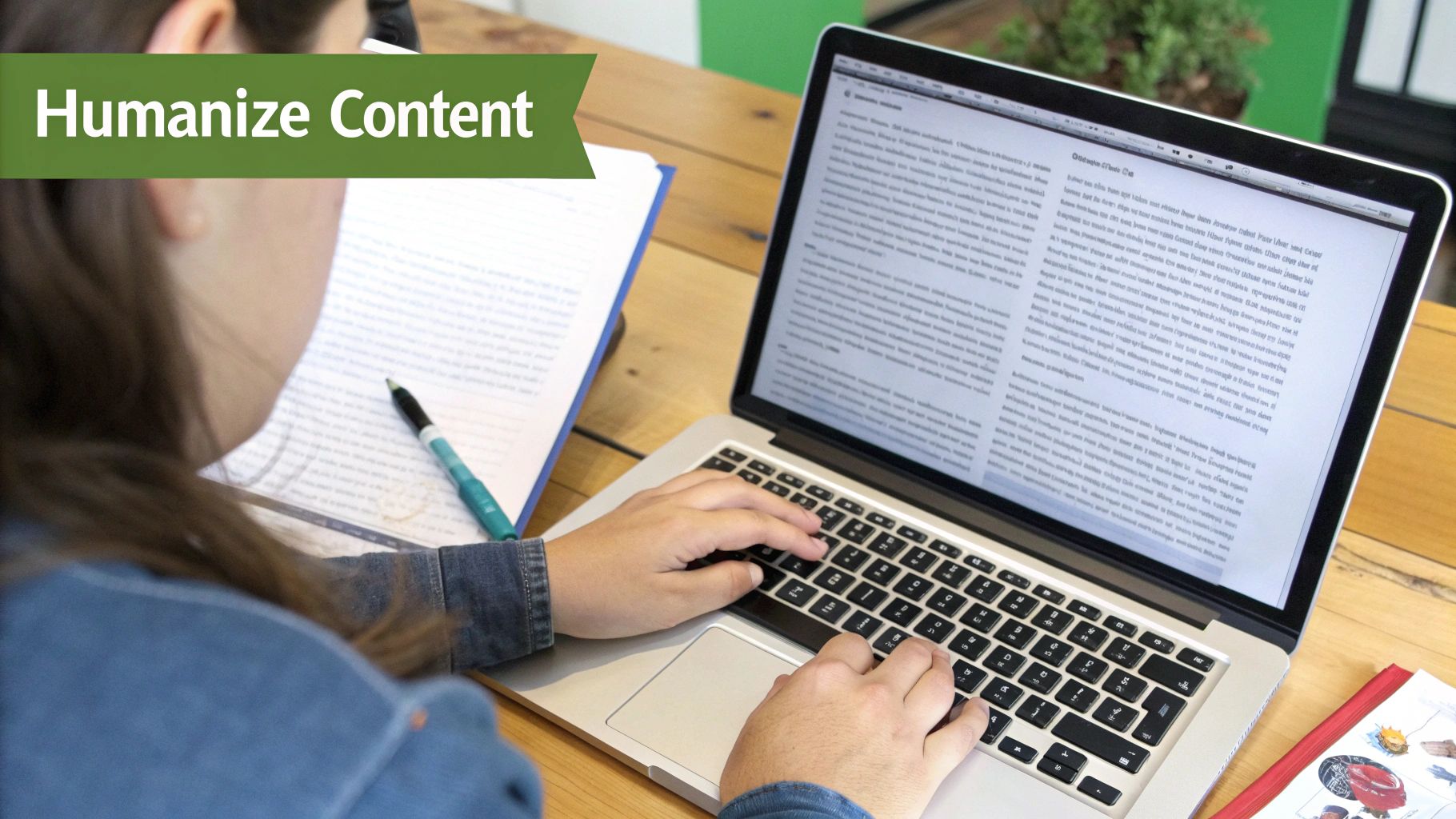 A person editing text on a screen, symbolizing AI humanization improving content.