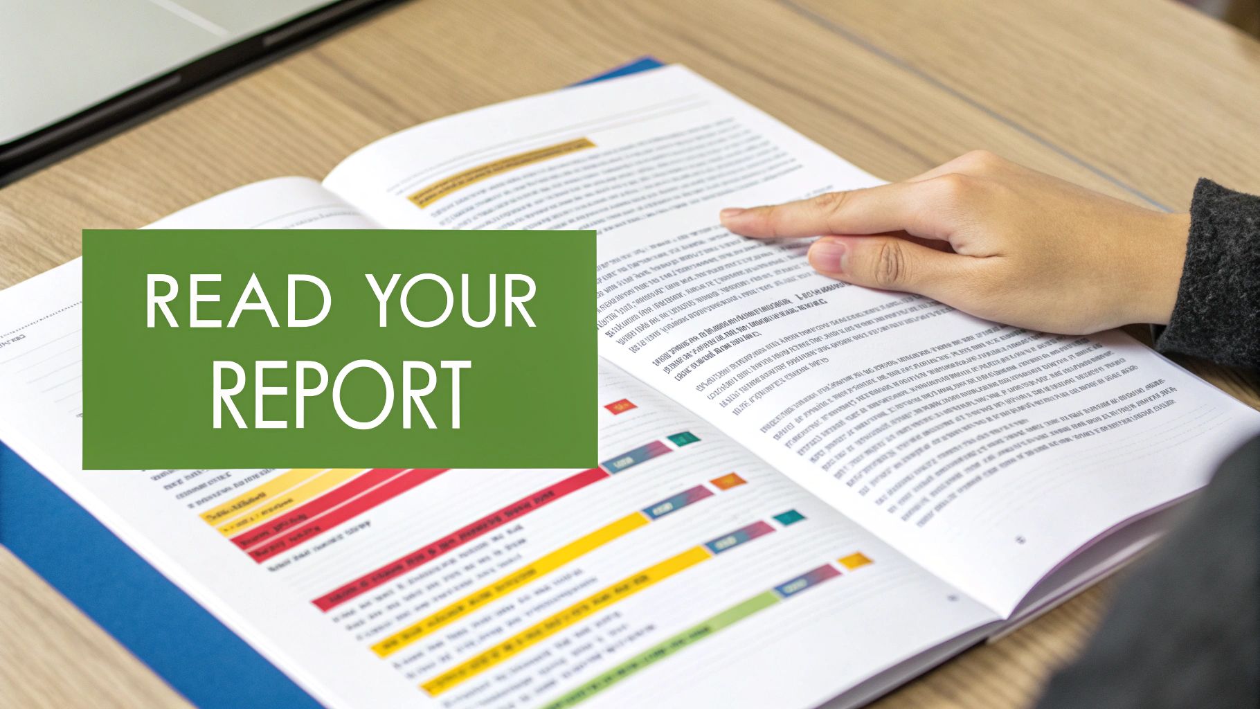 A person analyzing a report on a laptop screen