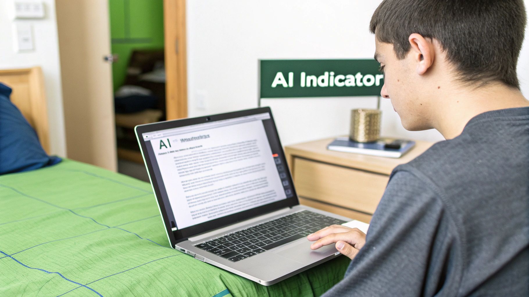 A student uses a laptop on a green bedspread, with an 'AI Indicator' sign visible in the background.