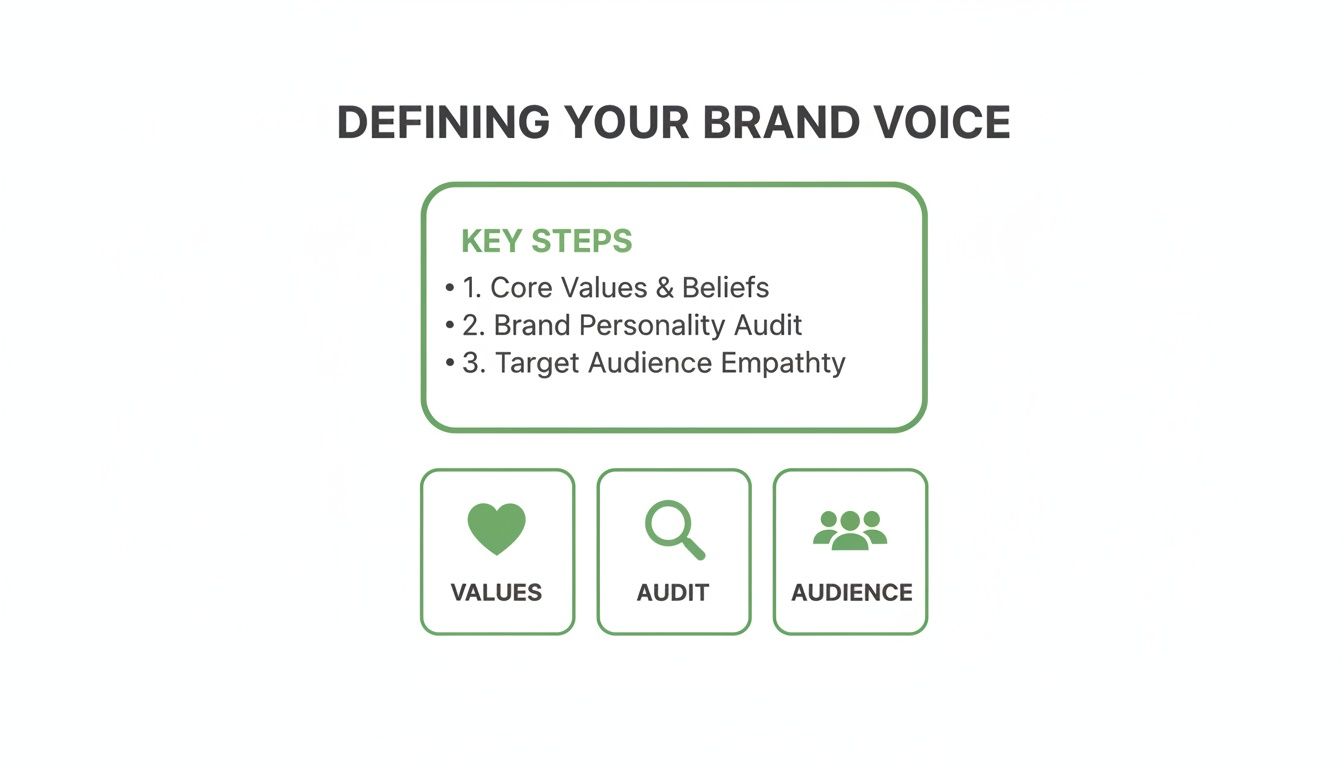 Infographic showing key steps to define brand voice: core values, brand personality audit, and target audience empathy.