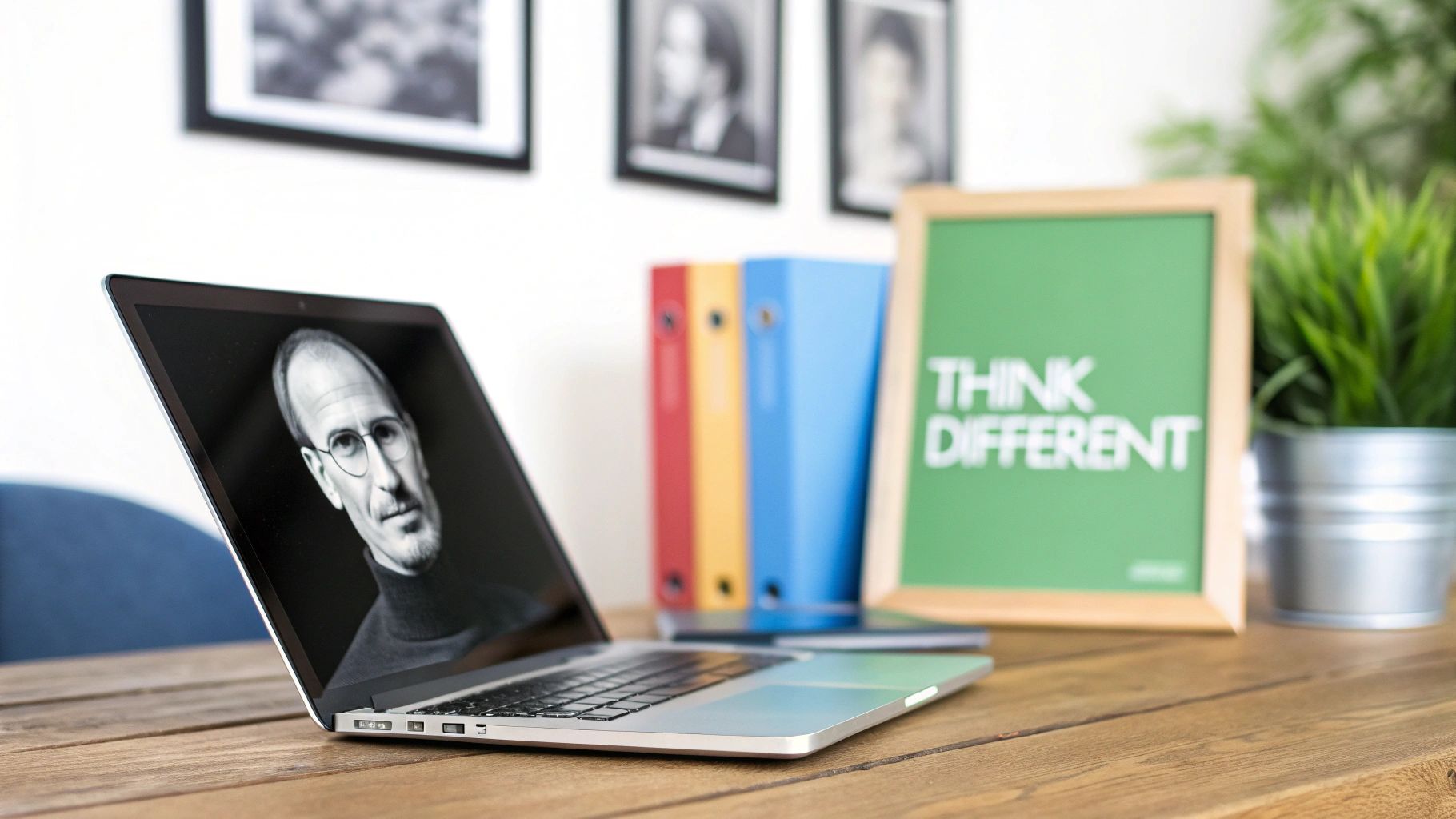 A laptop on a wooden desk displays a black and white portrait of Steve Jobs, with a 'Think Different' sign nearby.