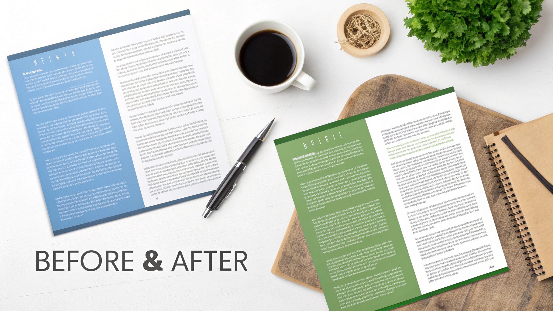 Before and after comparison of two brochures, one blue and one green, on a desk with coffee and a pen.