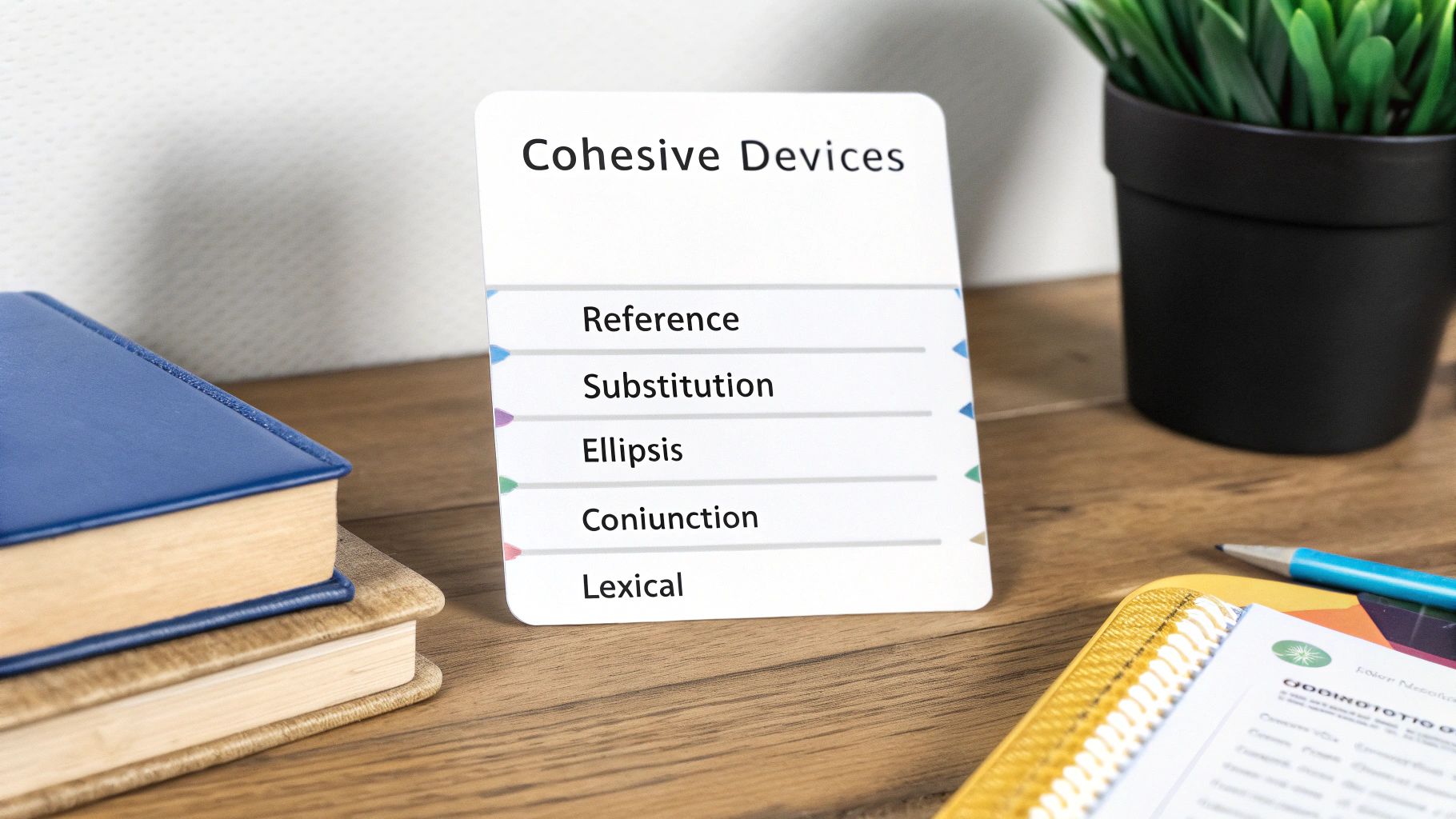 White card displaying cohesive devices list including reference, substitution, ellipsis, conjunction, and lexical on wooden desk